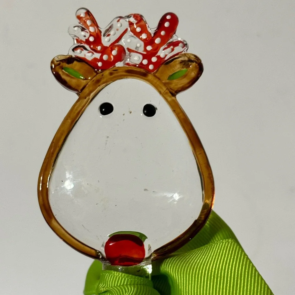 Hand Blown Glass Reindeer Wine Bottle Stopper Christmas Holiday Red Green Bow